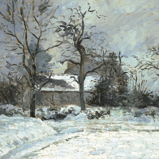 Square Christmas card - Impressionist landscape: a house in the snow, with two trees in the foreground and white snow on the ground and roof. From the collection of The Fitzwilliam Museum.