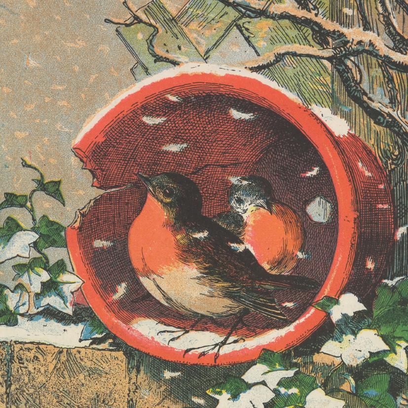 Christmas card pack - illustration of flowerpot robins from Victorian poetry book The Bright Surprise for Little Eyes. From the special collections of Cambridge University LIbrary, brought to you by CuratingCambridge.co.uk