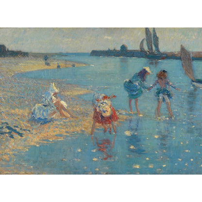 Greeting card- Children Paddling, Walberswick by Philip Wilson Steer. Four figures with blue sea and sandy beach in an Impressionist style. From the collection of The Fitzwilliam Museum, brought to you by Curating Cambridge.com
