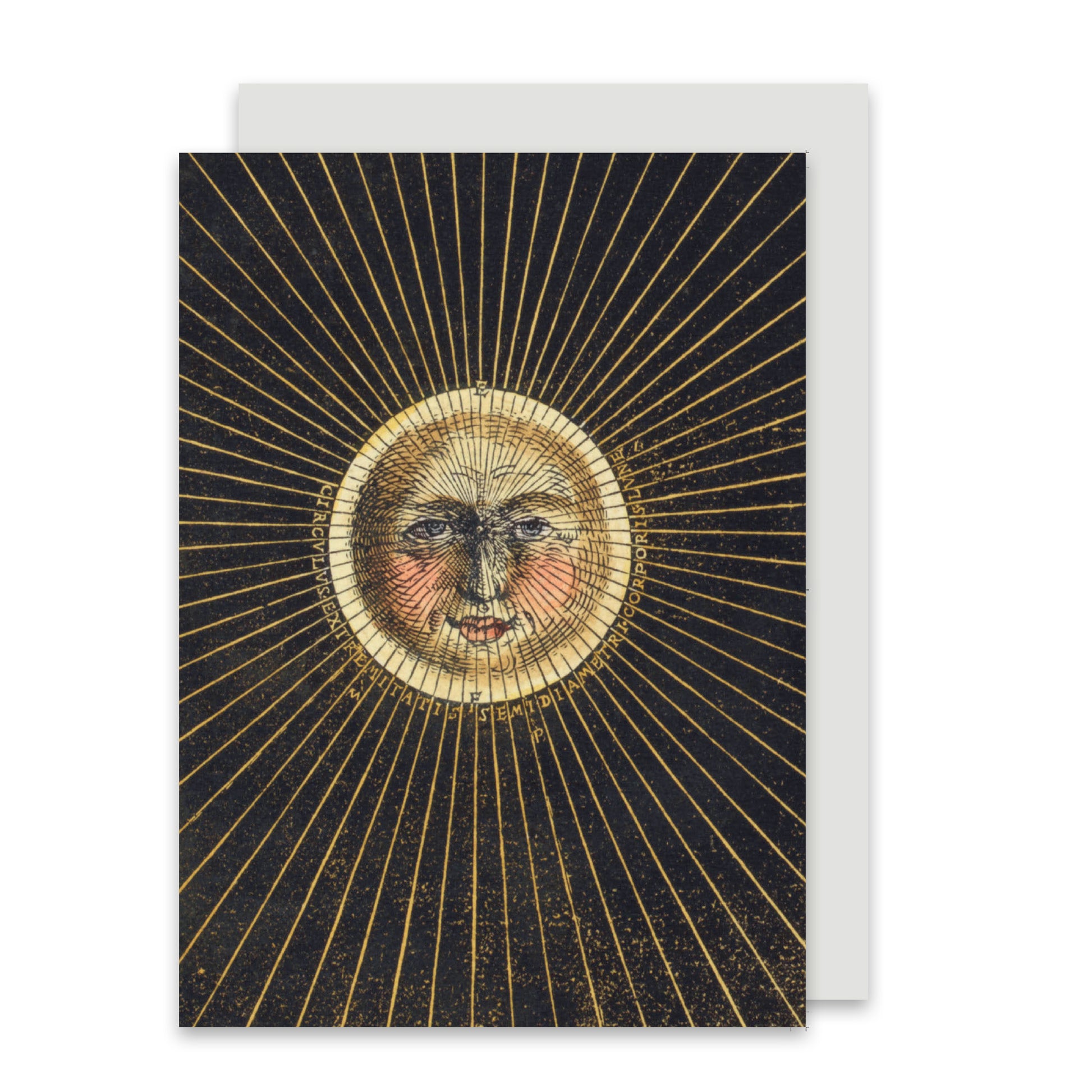 Standard greeting card with central sun with face design. Ray lines spreading out against a black background. Peter Apian. From the Renaissance art collection of the Fitzwilliam Museum.