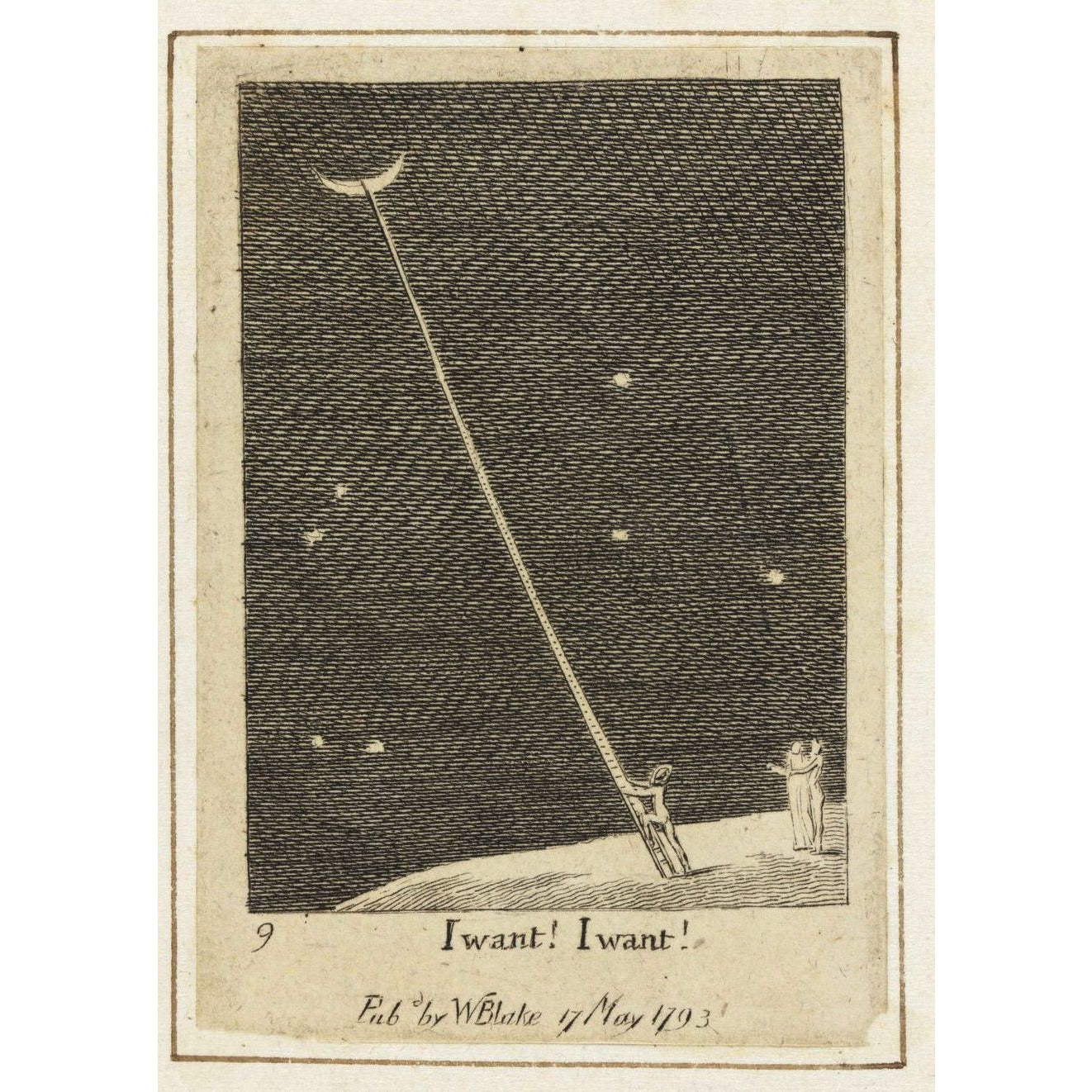 Greeting card - I Want! I Want! by William Blake. Print with a character ascending a ladder to the moon. From the collection of The Fitzwilliam Museum, brought to you by CuratingCambridge.com