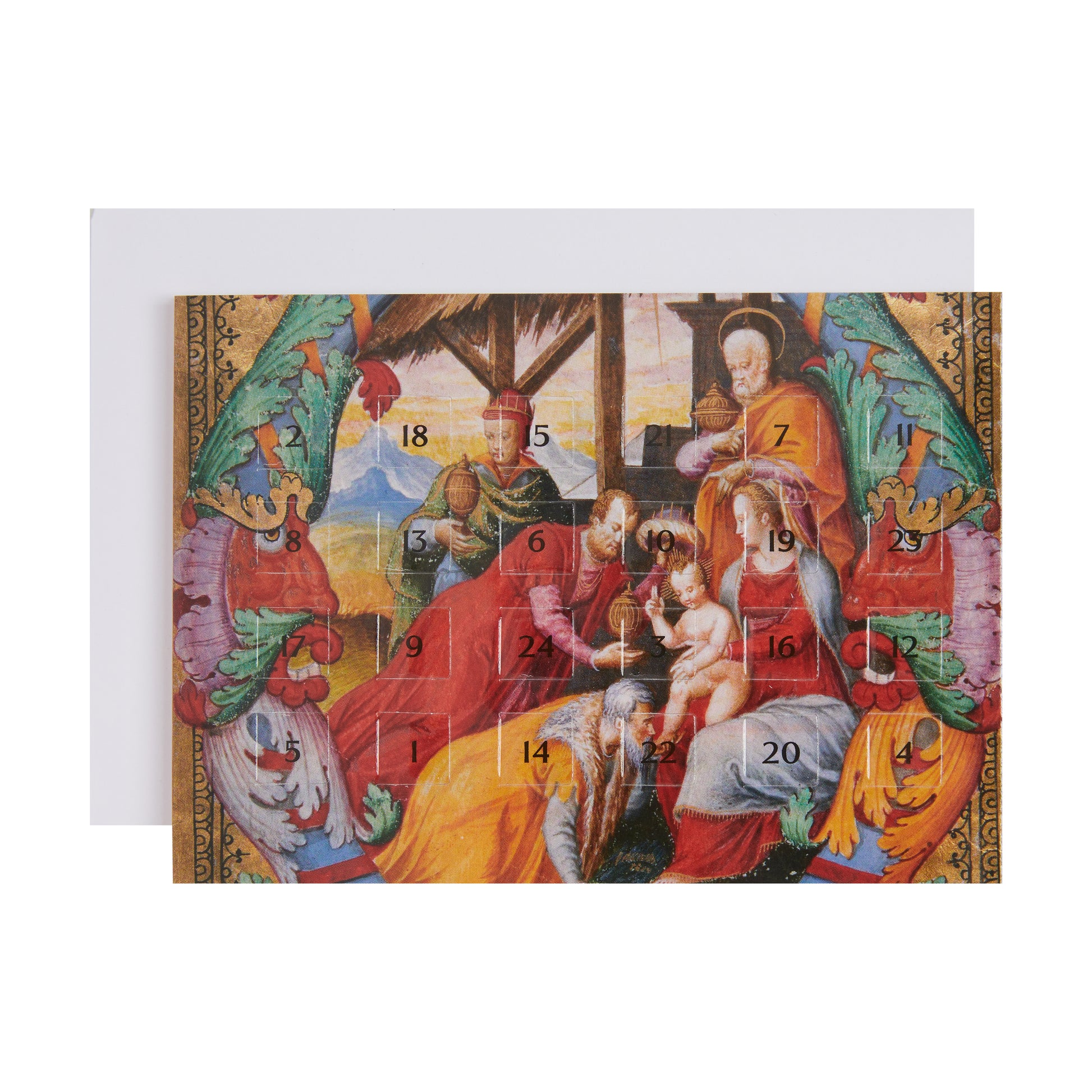 Advent card with envelope - Adoration of the Magi scene from an illuminated manuscript. From the collection of the Fitzwilliam Museum.