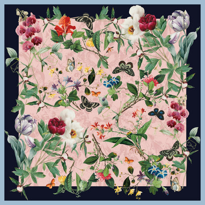 Silk square scarf with botanical design of flowers and butterflies against a pink and navy background. From the Broughton Collection of The Fitzwilliam Museum, brought to you by CuratingCambridge.com