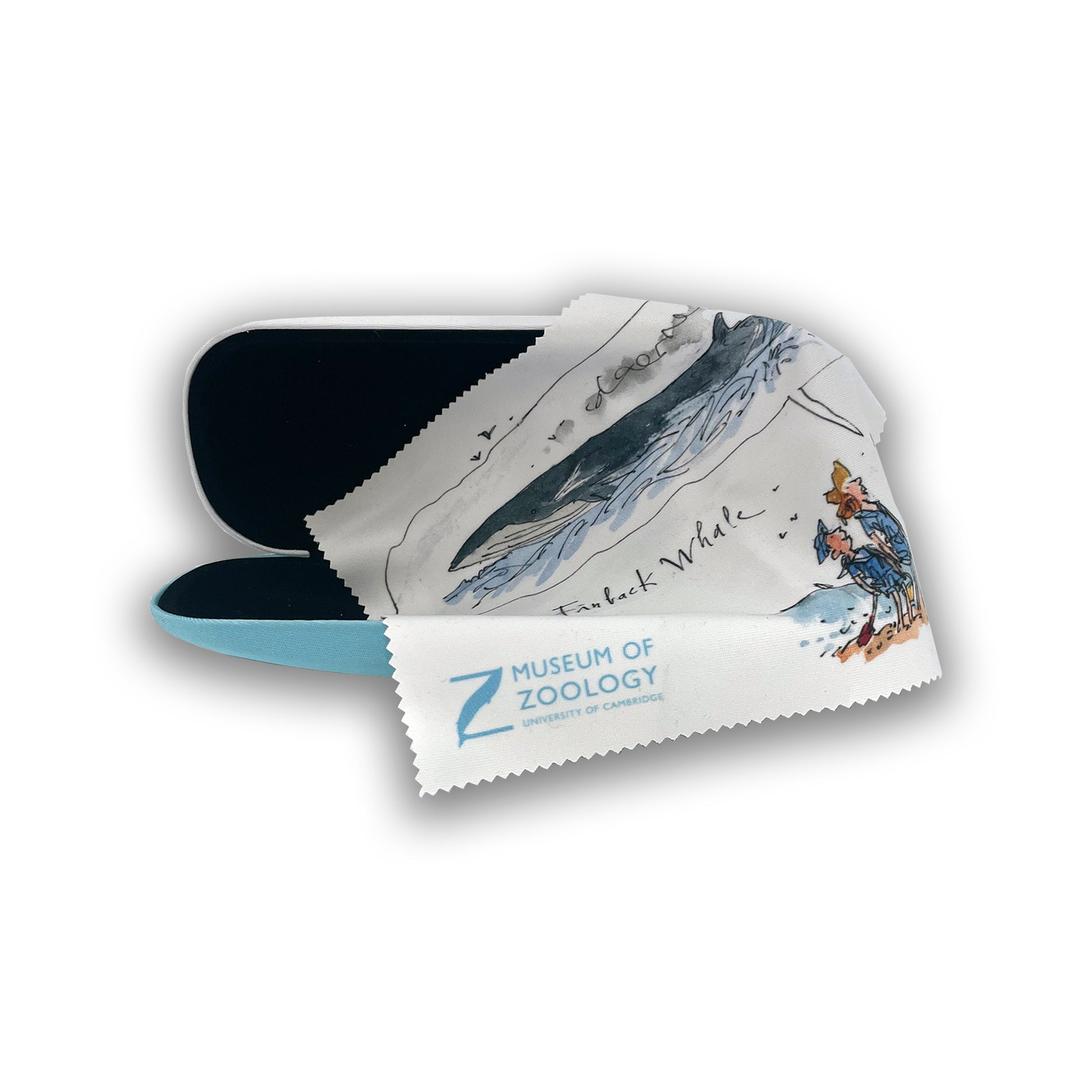 Glasses case and lens cloth featuring blue whale illustration 