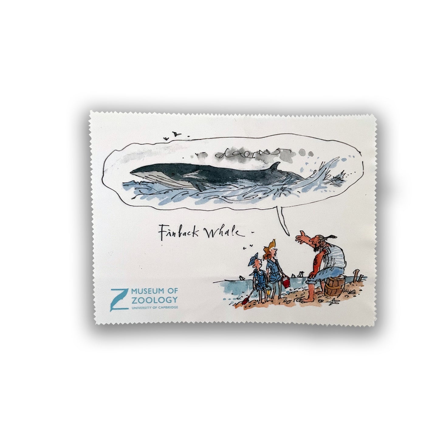Lens cloth with blue whale illustration by Quentin Blake