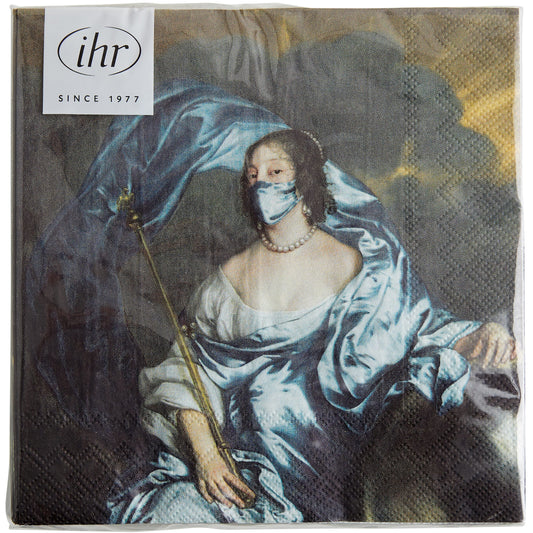 Napkin - Countess Rachel de Ruvigny as Fortune by Anthony van Dyck, reworked portrait. She wears a blue silk mask to match her pale blue silk dress. From the collection of The Fitzwilliam Museum, brought to you by CuratingCambridge.com