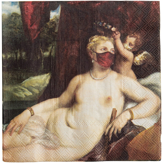 Napkin - reworked version of Venus and Cupid with a Lute-player by Titian. With added face masks. From the collection of The Fitzwilliam Museum, brought to you by CuratingCambridge.com