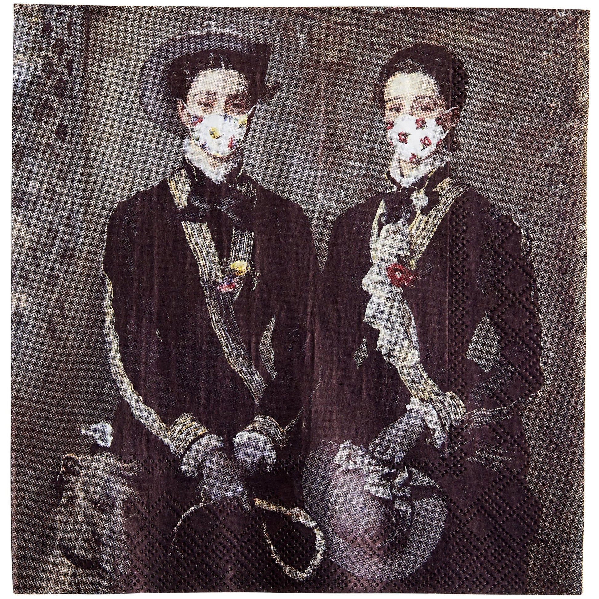 Napkin - The Twins, Kate and Grace Hoare, by John Everett Millais. Portrait of the twins in riding outfits with the addition of floral face masks. From the collection of The Fitzwilliam Museum, brought to you by CuratingCambridge.