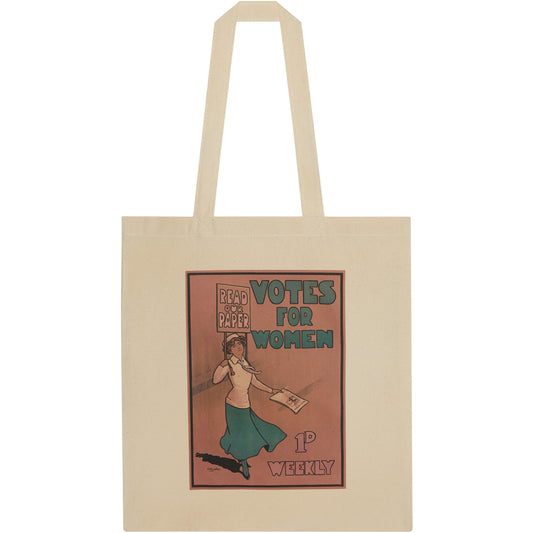 Cotton tote bag - Votes for Women print, artwork by Hilda Dallas. From the Rising Tide exhibition at Cambridge University Library, brought to you by CuratingCambridge.com