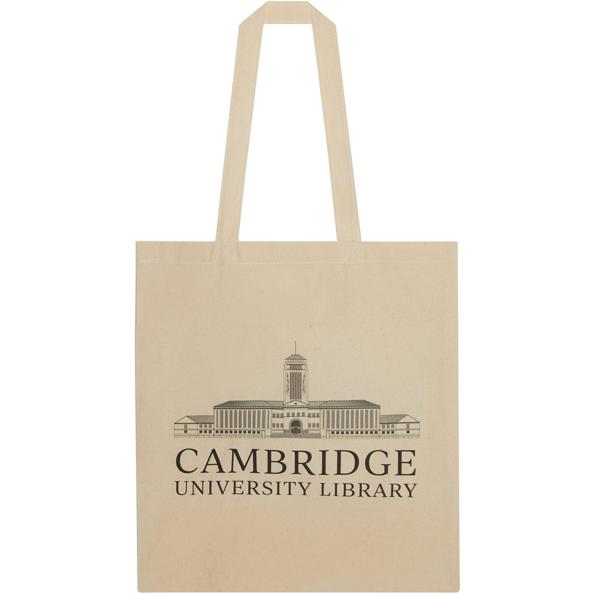 Natural colour cotton tote bag with Cambridge University Library lettering and architectural illustration of the building. Brought to you by CuratingCambridge.com