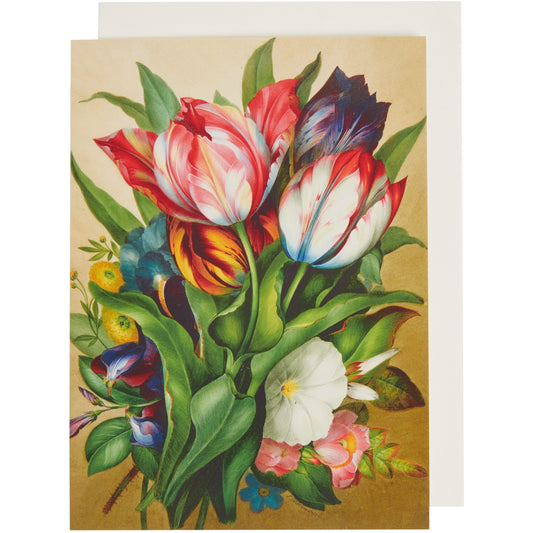 Greeting card - Spray of tulips, everylasting pea, mild rose and hibiscus by James Holland. From the botanical art collection of The Fitzwilliam Museum, brought to you by CuratingCambridge.com