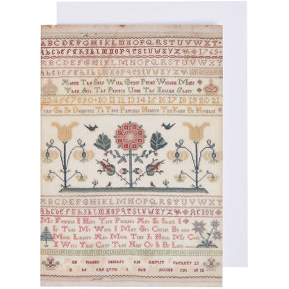 Notelet - band sampler with central floral motif by Ann Gibbons. From the collection of The Fitzwilliam Museum. 