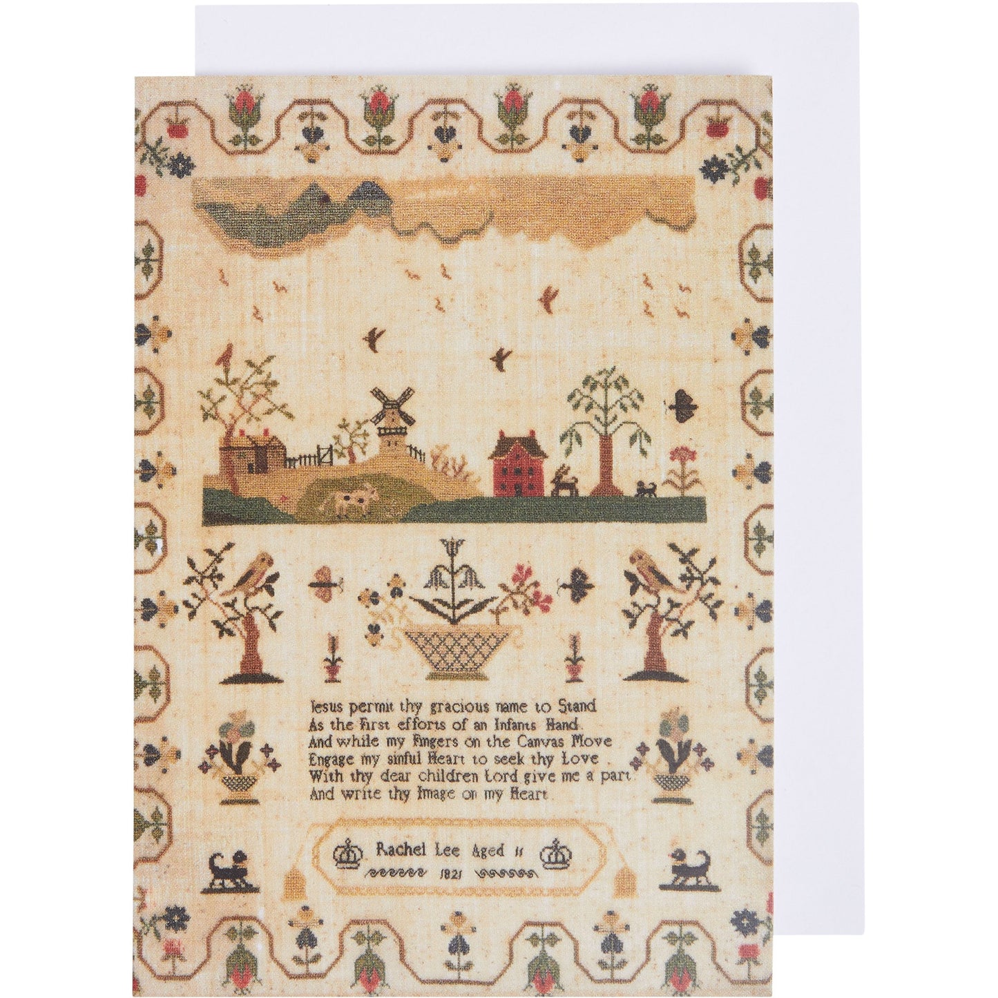 Notelet - Sampler with farm and windmill scene and framing border, by Rachel Lee. From the collection of The Fitzwilliam Museum.