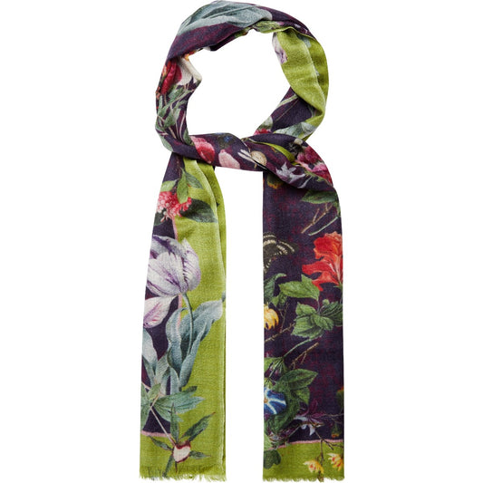 Silk and wool blend scarf, aubergine with lime border and floral patterns, from botanical studies by Louise d'Orleans. From the Broughton collection of The Fitzwilliam Museum, brought to you by CuratingCambridge.com