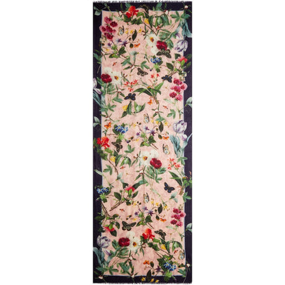 Long scarf of wool and silk blend. Pink with black borders and a botanical design from the flower paintings of Louise d'Orleans. From the Broughton collection of The Fitzwilliam Museum, brought to you by CuratingCambridge.com
