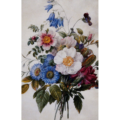 Blue asters, rosa spinosissima hybrid, harebell, violas, carnation and a wild rose, by Eugenie d'Orleans. From the Broughton Collection of The Fitzwilliam Museum, brought to you by CuratingCambridge.co.uk
