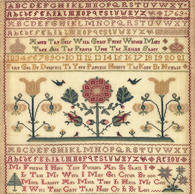 Square greeting card with embroidered alphabet letters and central flowers motif. From the samplers collection of The Fitzwilliam Museum.