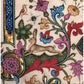 Greeting card - leaping rabbit surrounded by floral motifs in green, red, gold, blue, and pink, with a little bird above. From a pontifical from the Fitzwilliam Museum. Brought to you by CuratingCambridge.com