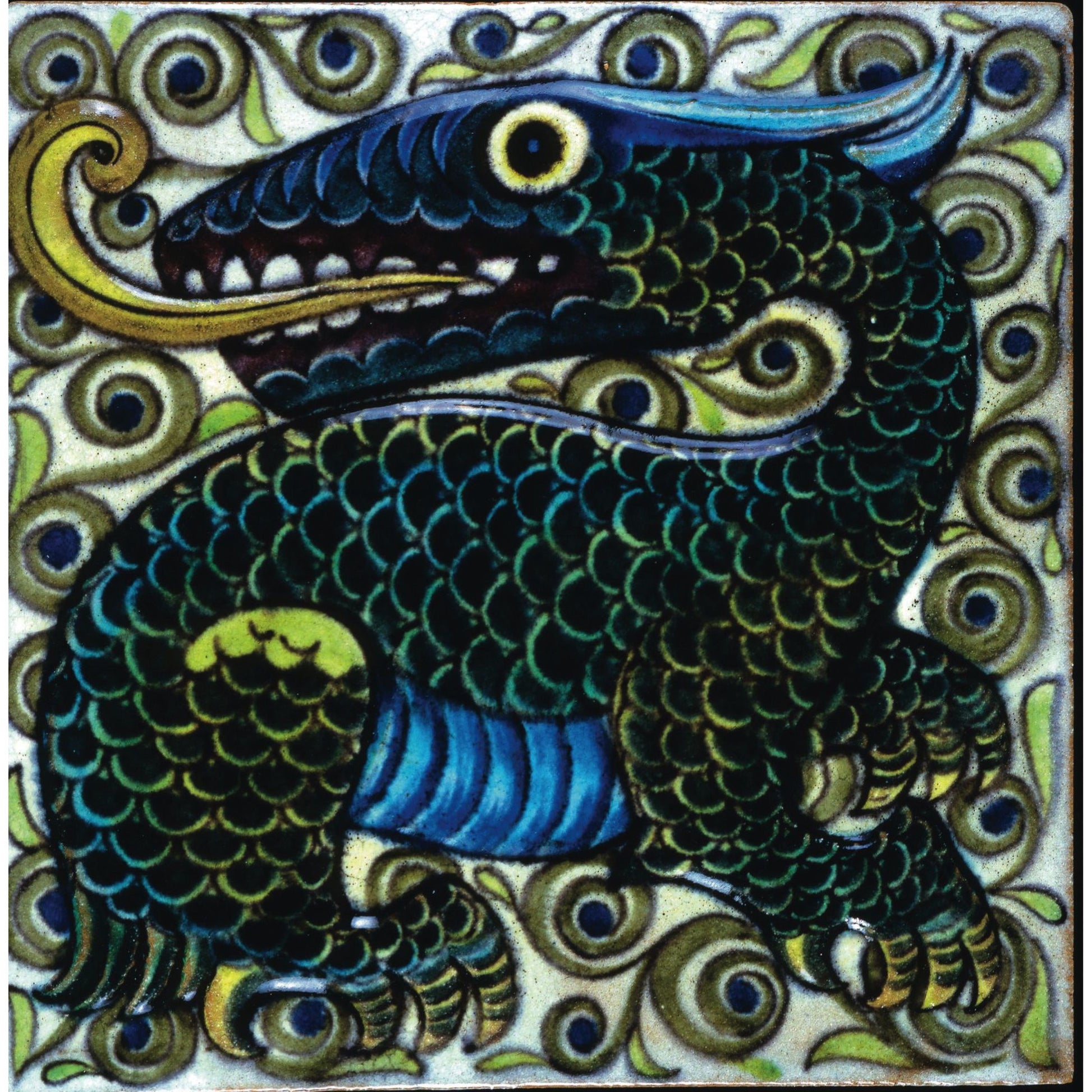 Square greeting card - dragon tile by William de Morgan. Dragon in rich blues, greens, and yellows with a backdrop of spiral motifs. From the collection of The FItzwilliam Museum, brought to you by CuratingCambridge.com
