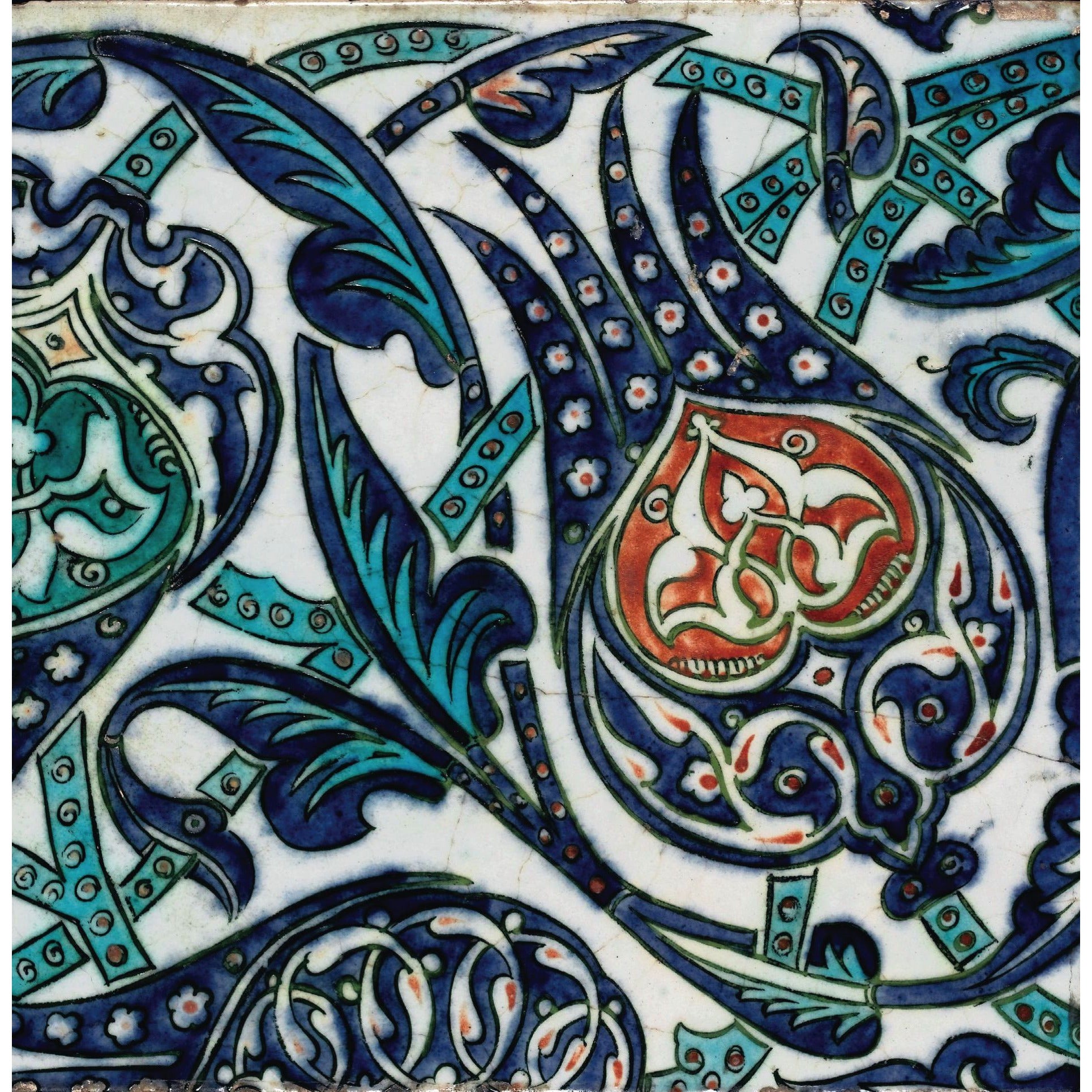 Square greeting card in the Iznik pottery style, with a large tulip design of blue and red on the right side, and stem and leaf patterns of blue and green behind and on the left. From the collection of The Fitzwilliam Museum, brought to you by CuratingCambridge.com