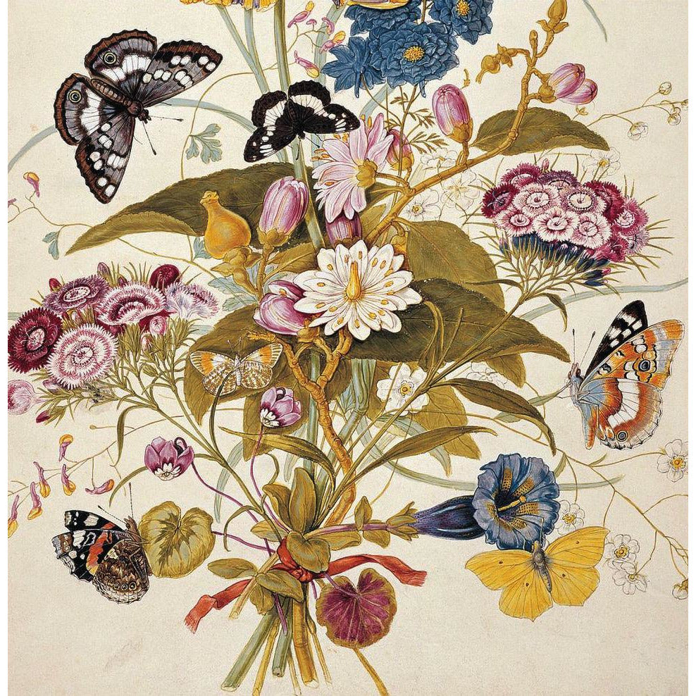 Greeting card - A bunch of white, pink, and blue ornamental flowers with butterflies against an off white background by T.C. Robins. From the Broughton collection of The Fitzwilliam Museum, brought to you by CuratingCambridge.com