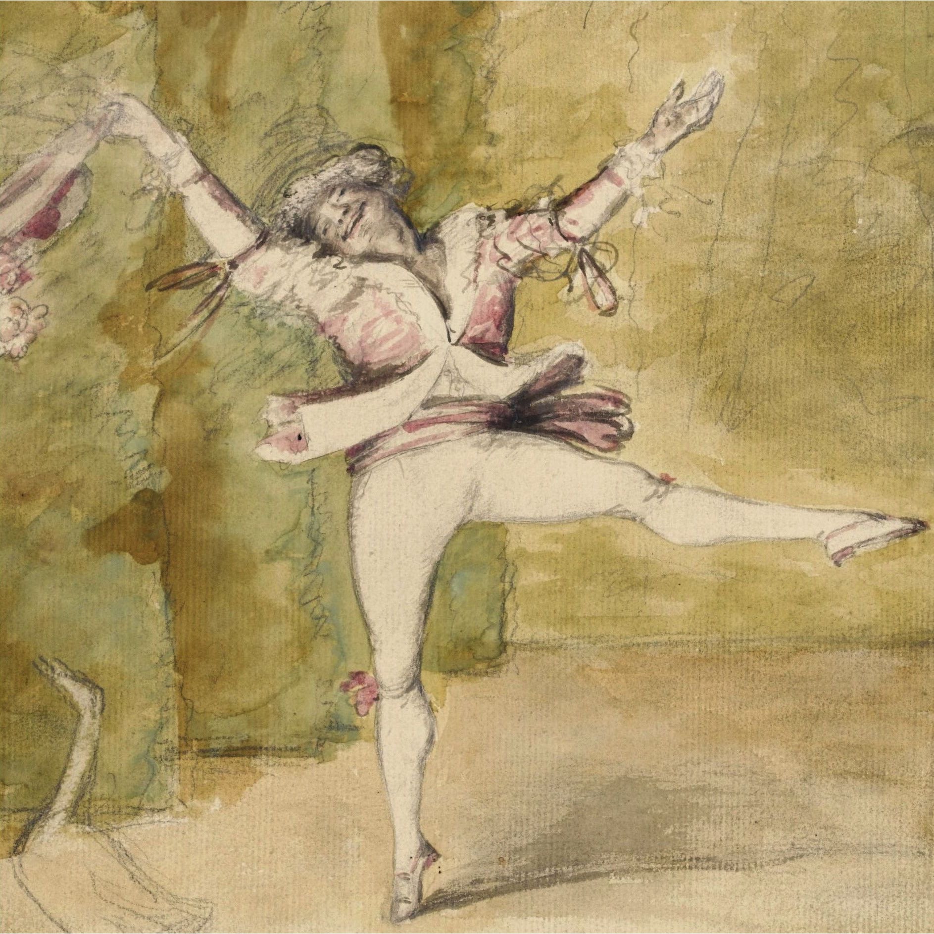 Square greeting card - caricature of French dancer Marie-Auguste Vestris, in coloured wash and graphite. The twirling dancer is accompanied by the sketch of a goose. From the collection of The Fitzwilliam Museum, brought to you by CuratingCambridge.com
