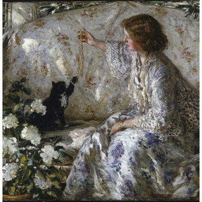 Greeting card - Hydrangeas by Philip Wilson Steer. Interior scene with a young lady in a white and blue laced edged dress playing with a black cat. From the Victorian art collection of The Fitzwilliam Museum, brought to you by Curating Cambridge.