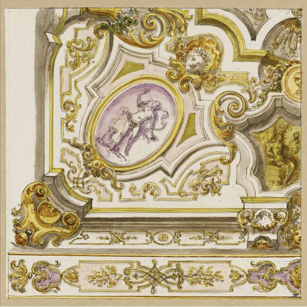 Square greeting card with a design for a ceiling decoration by Giuseppe Valeriani. White moulded ceiling design with gold embellishments and swags, and some figurative work. From the collection of The Fitzwilliam Museum, brought to you by CuratingCambridge.com
