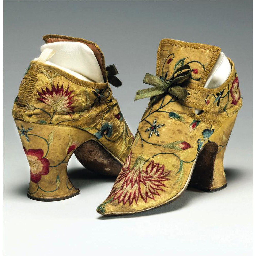 Square greeting card - pair of yellow silk high heeled shoes, laced with green ribbon in a bow and decorated with flowers in red, white, and blue. From the collection of The Fitzwilliam Museum, brought to you by CuratingCambridge.com