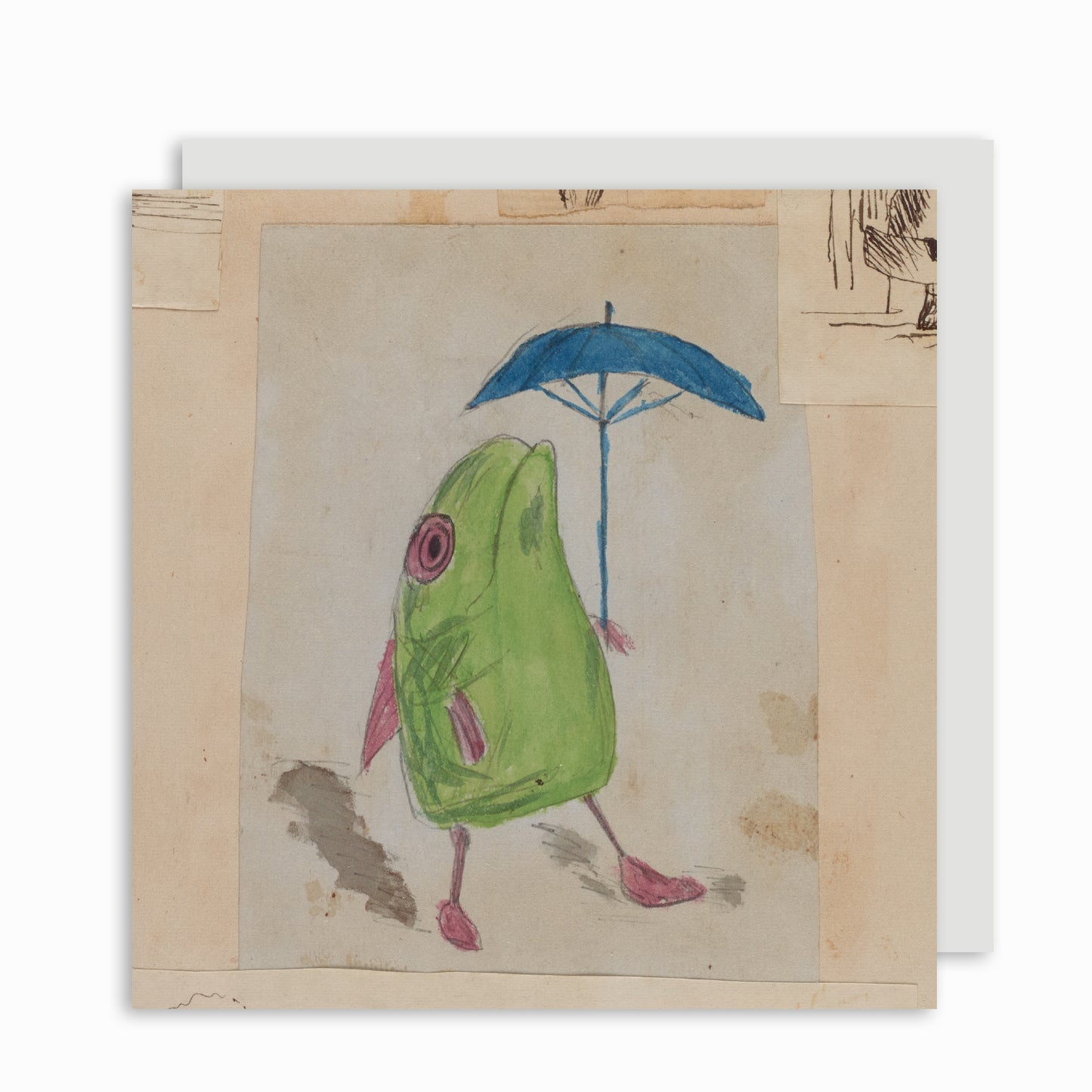 Square greeting card with children's drawing: a green and pink fish with blue umbrella. Drawn by one of Charles Darwin's children. From the Darwin Papers, Cambridge University Library.