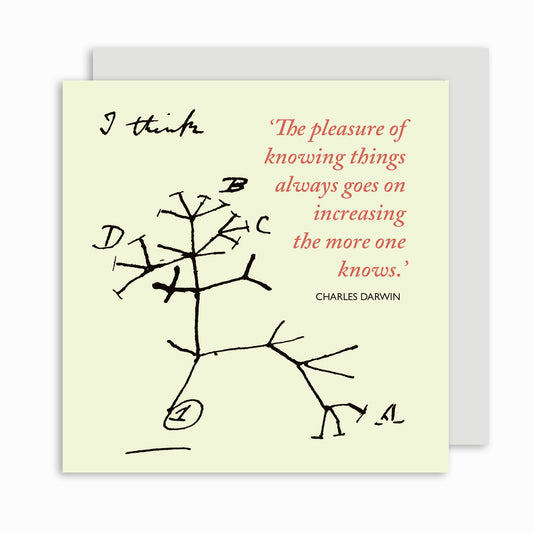 Tree of life sketch by Charles Darwin in black, with a quotation from Darwin in coral/orange: 'The pleasure of knowing things always goes on increasing the more one knows.' Charles Darwin.