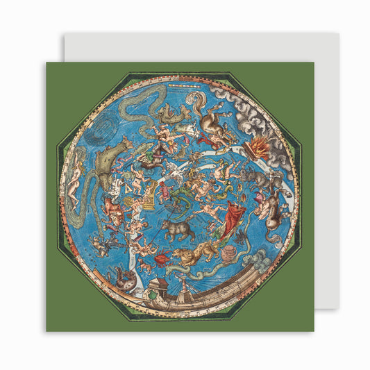 Square greeting card showing an octagonal celestial map with the signs of the zodiac. Mid green border. From the collection of the Fitzwilliam Museum, Cambridge.