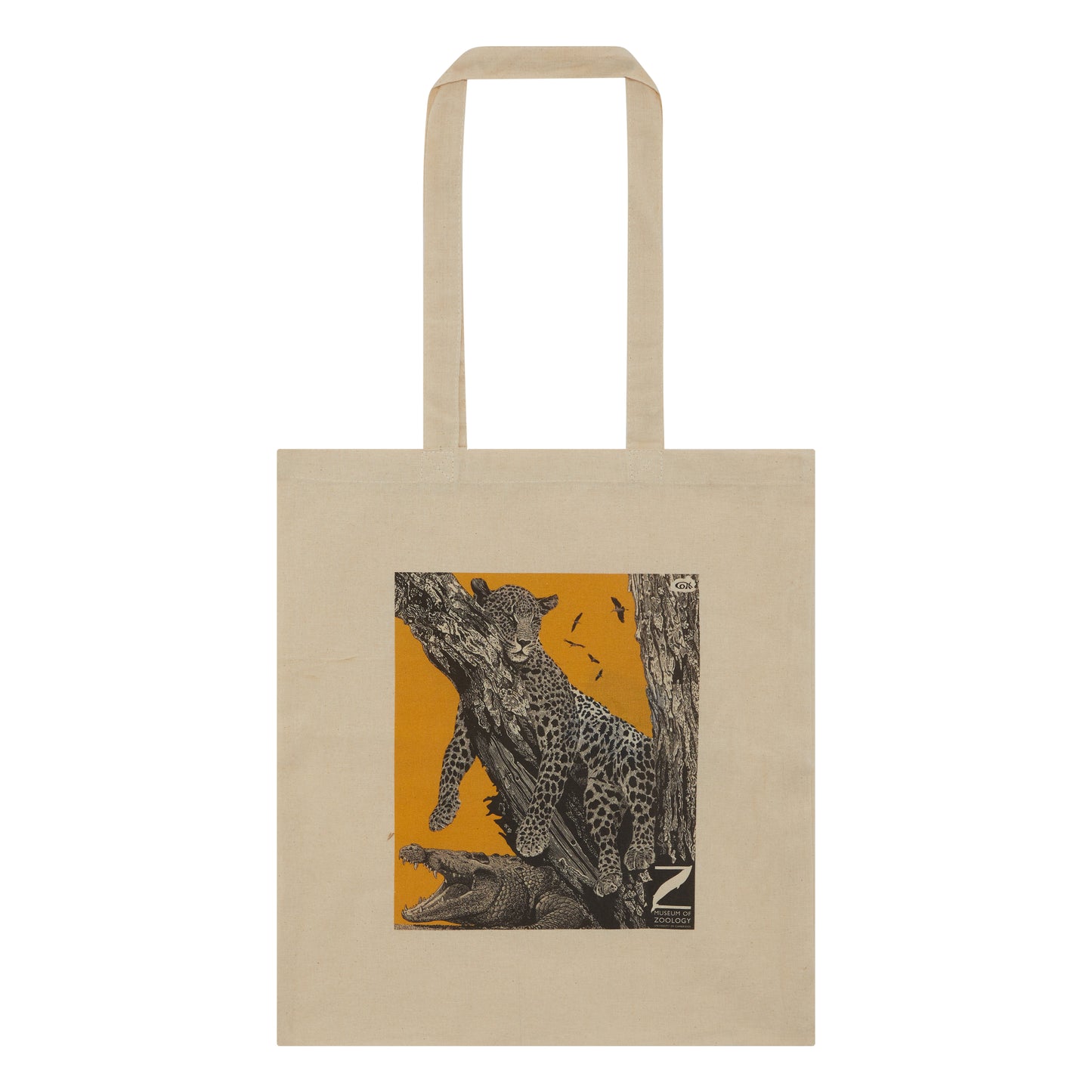 Tote bag, natural cotton with central print of leopard and crocodile against yellow. Museum of Zoology logo bottom right. 