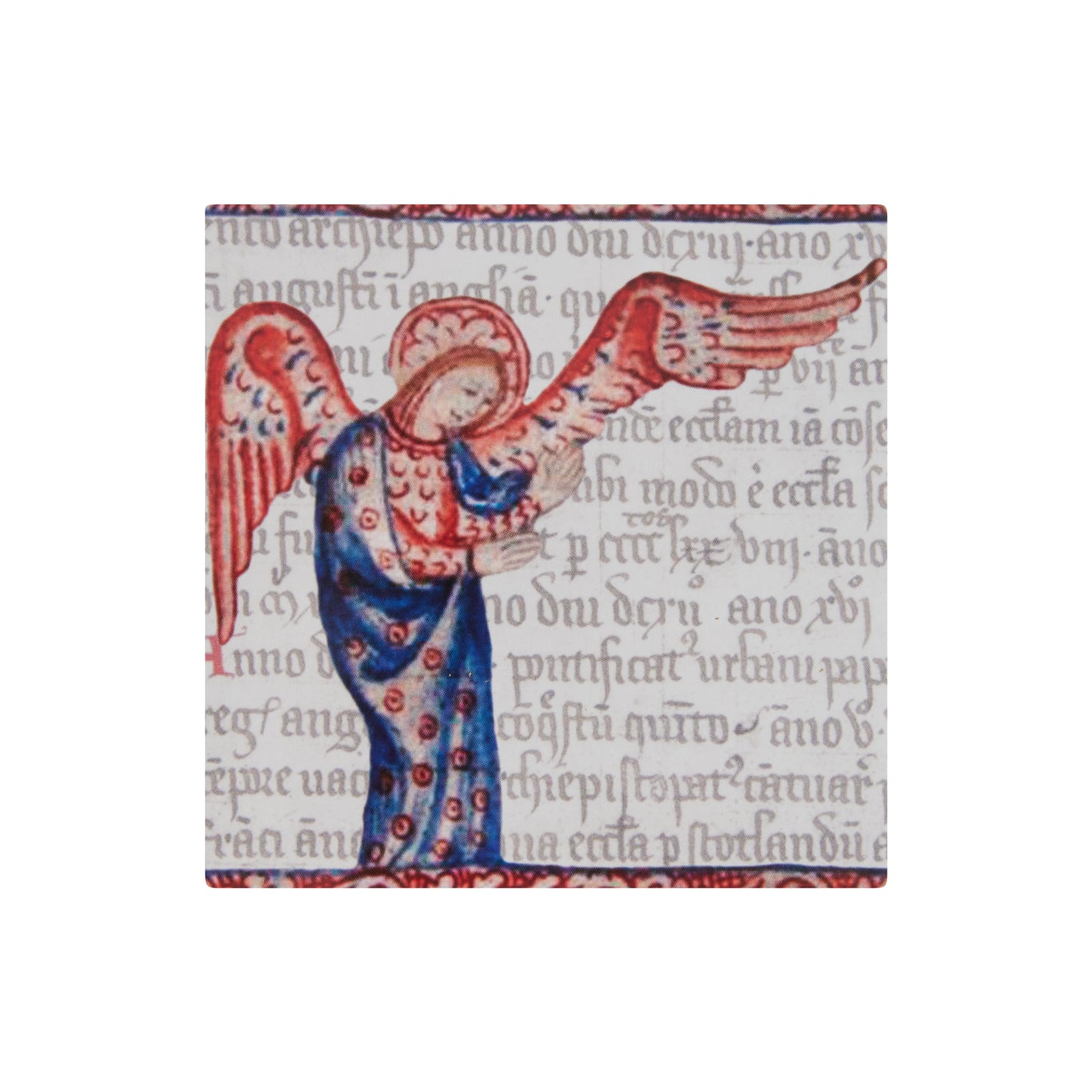 Small square Christmas card - Blue and red angel on illuminated manuscript background.