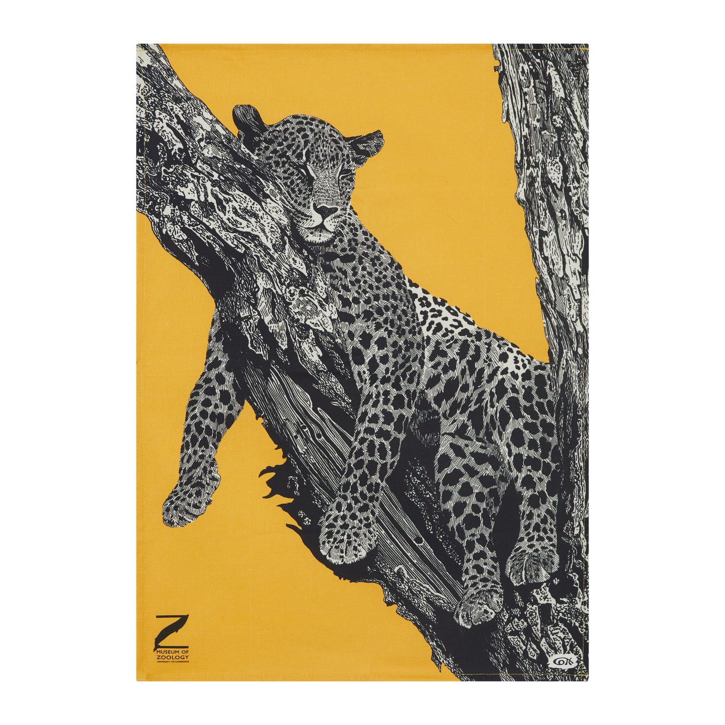Tea towel = sleeping leopard illustration in black and white, with mustard yellow background. Museum of Zoology logo in black, bottom left.