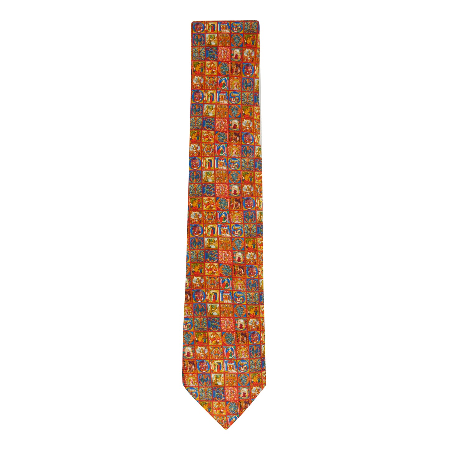 Red silk tie with illuminated letters in blue, red, gold and other colours. From the collection of the Fitzwilliam Museum.