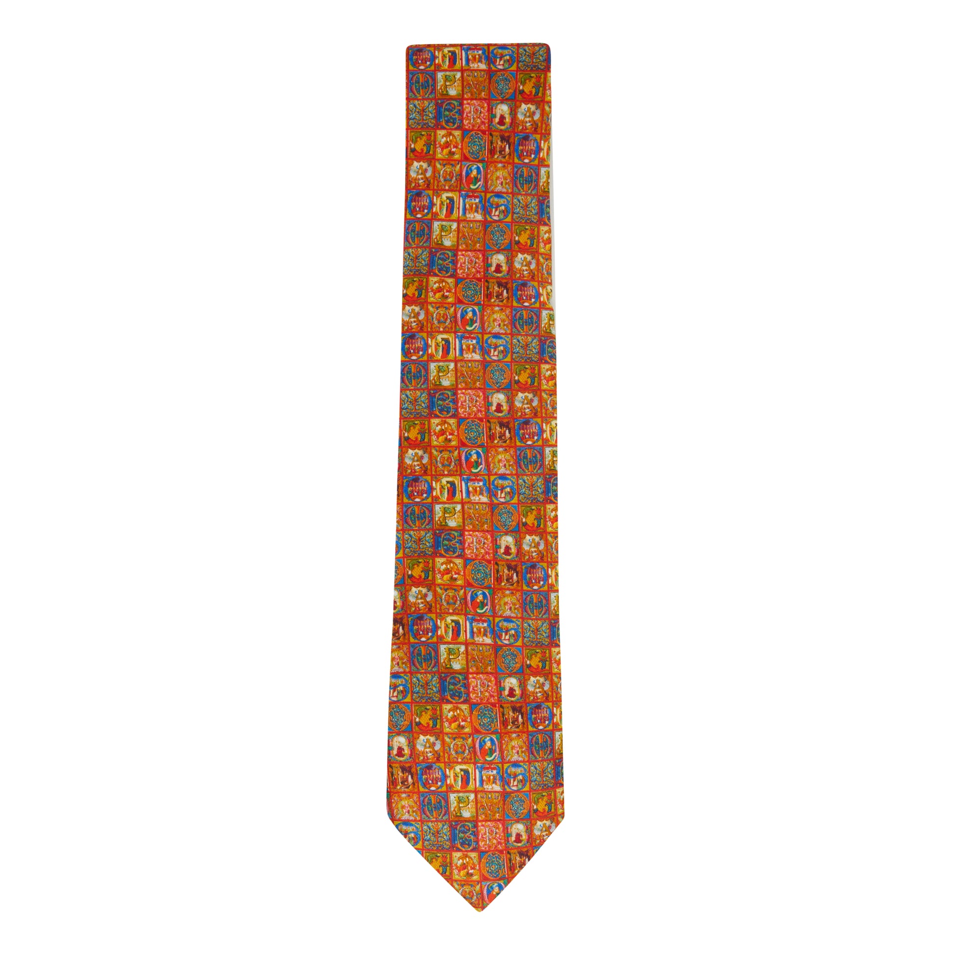 Red silk tie with illuminated letters in blue, red, gold and other colours. From the collection of the Fitzwilliam Museum.