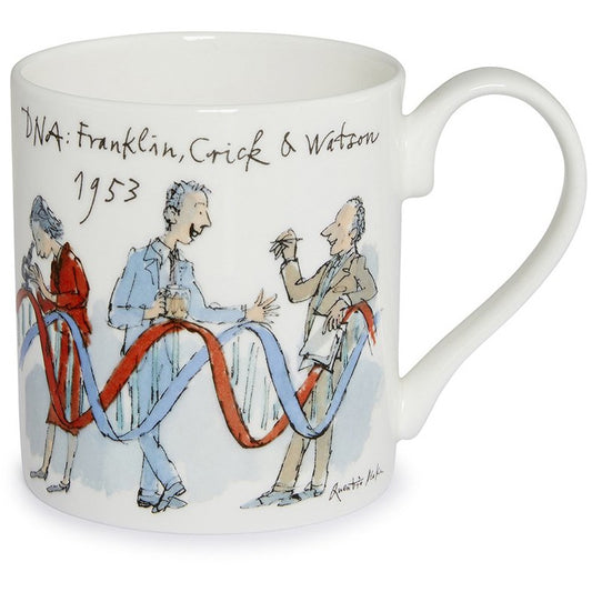 Fine bone china mug featuring Rosalind Franklin, Francis Crick, and James Watson, and their discovery of the structure of DNA. Illustration by Quentin Blake, brought to you by CuratingCambridge.co.uk