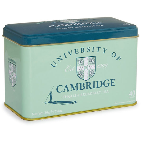 Presentation tin with 40 English breakfast tea bags, University of Cambridge crest and colours. Brought to you by CuratingCambridge.co.uk
