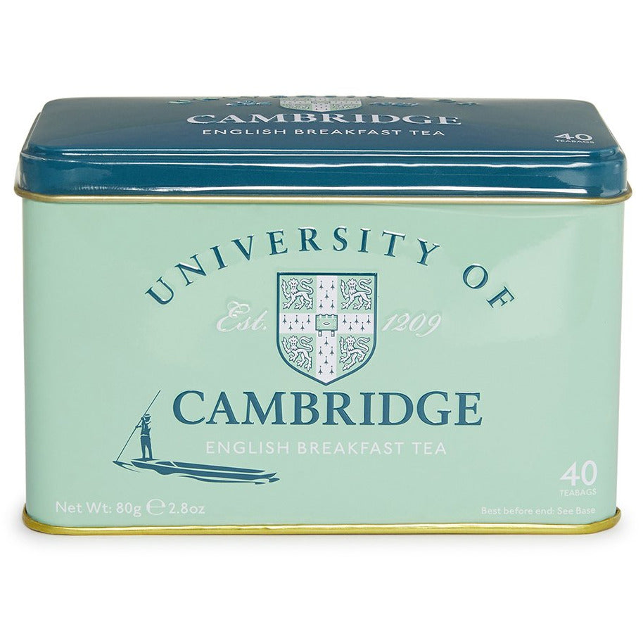 Presentation tin with 40 English breakfast tea bags, University of Cambridge crest and colours. Brought to you by CuratingCambridge.co.uk