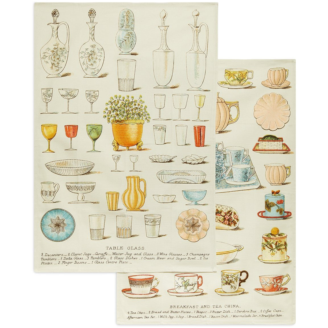 Set of two linen tea towels featuring illustrations of glass tableware and tea china from Victorian book Mrs Beeton's Book of Household Management. From the collection of the Cambridge University Library, brought to you by CuratingCambridge.co.uk