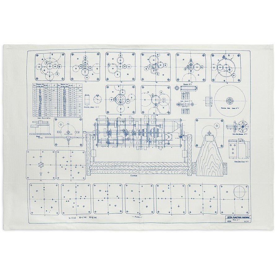 Linen tea towel, blue on white - blueprint of Alan Turing's zeta function machine. Brought to you by CuratingCambridge.co.uk