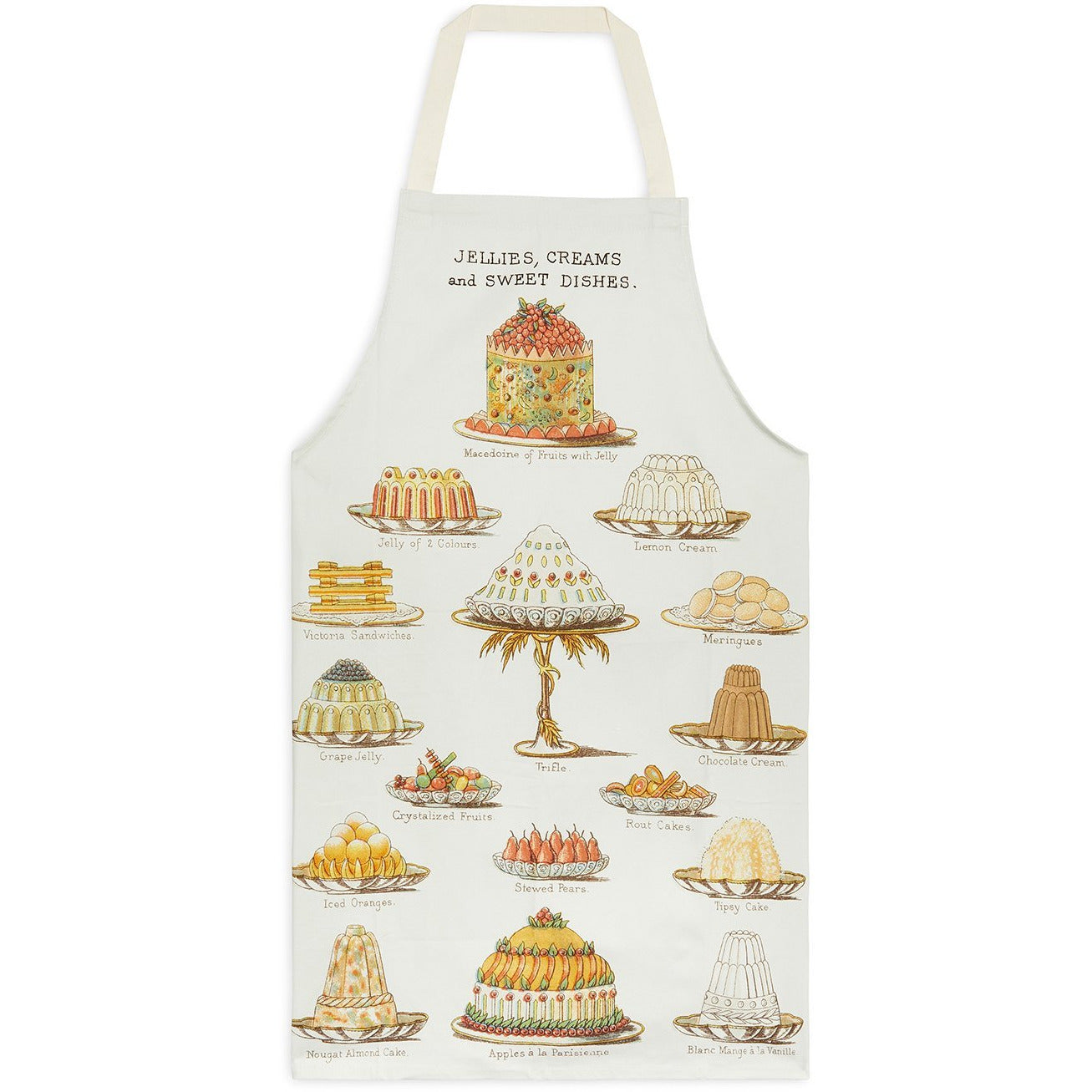 Cotton apron, white background with illustrations of Victorian desserts from Mrs Beeton's Book of Household Management. From the collection of the Cambridge University Library, brought to you by CuratingCambridge.co.uk 