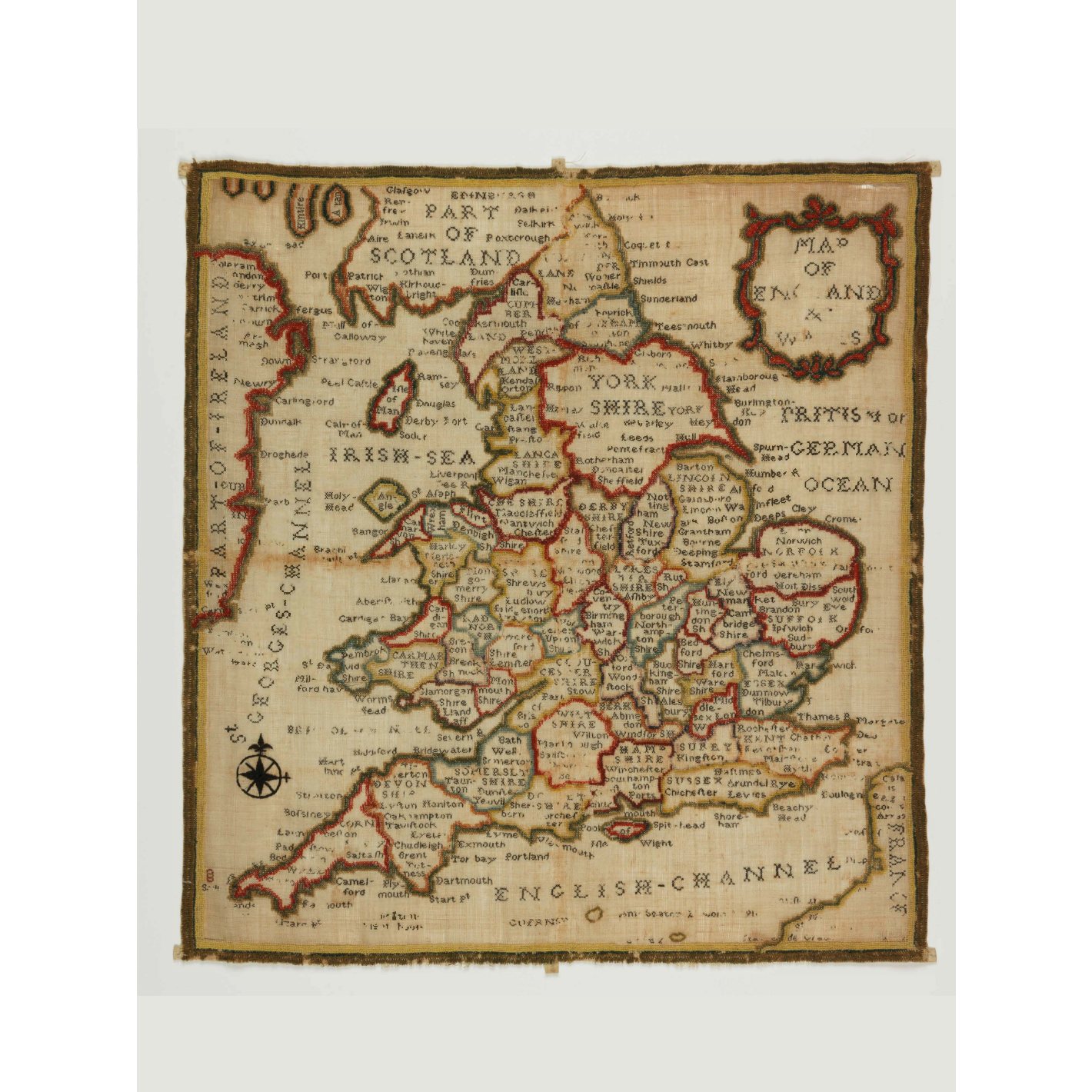 Embroidered map sampler by Ann Seaton, showing the counties of England and Wales. From the collection of The Fitzwilliam Museum.