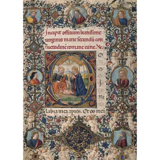 Rectangular Christmas card, portrait format. Illuminated manuscript page with central illuminated letter showing nativity scene. From the collection of The Fitzwilliam Museum.