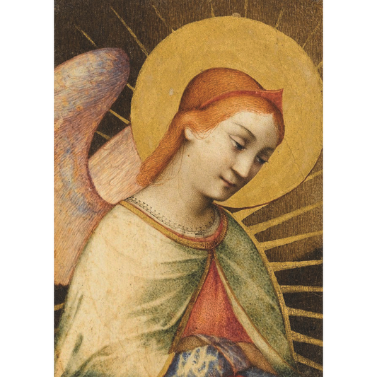 Rectangular Christmas card, portrait format. Kindly angel with red hair, halo behind and light radiating out. From the collection of The Fitzwilliam Museum, brought to you by CuratingCambridge.com