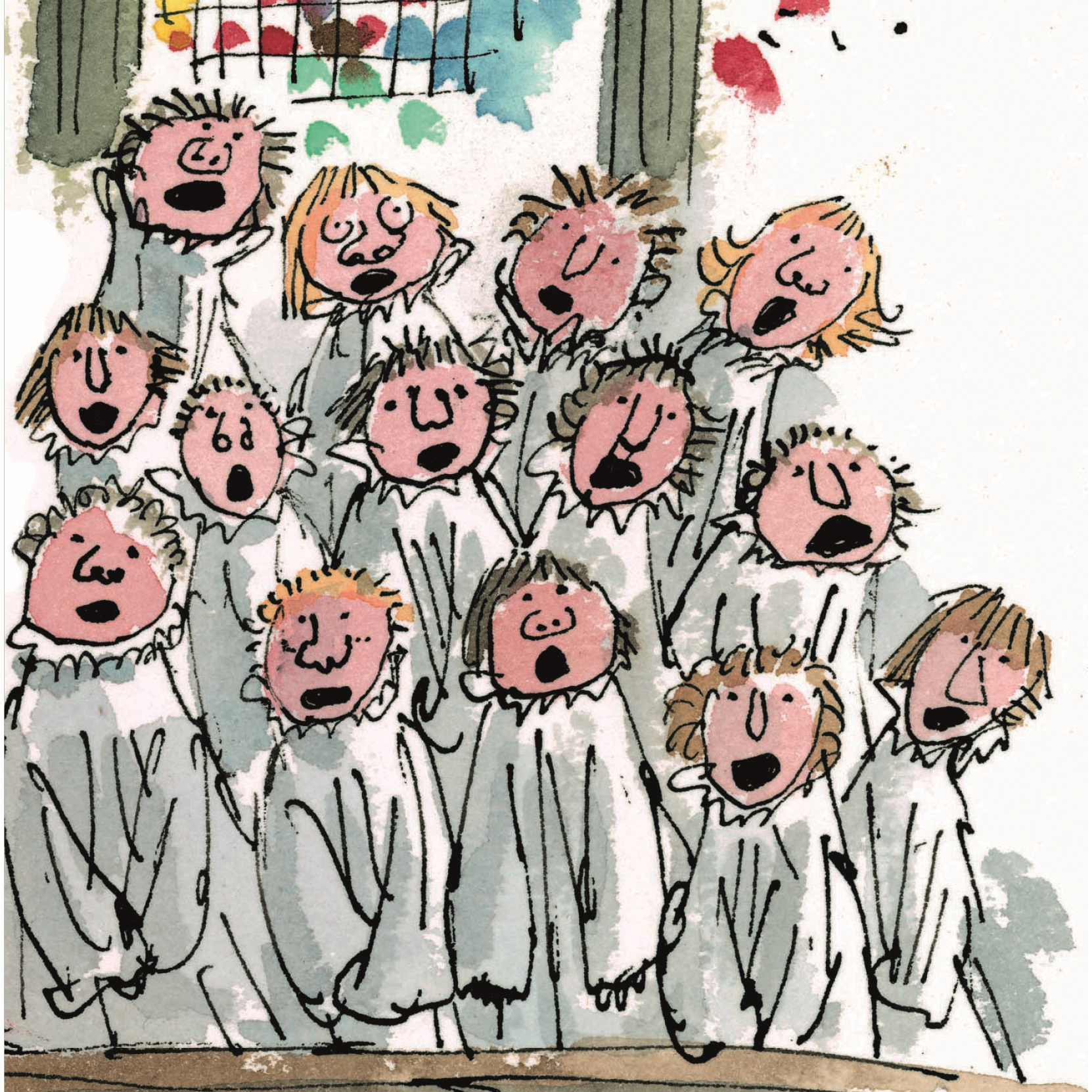 Small square Christmas card with illustration of Kings College Choir by Quentin Blake. 