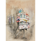 Rectangular Christmas card, portrait format. Illustration of a person carrying a heap of presents, their legs poking out underneath. By Ronald Searle, from the collection of The Fitzwilliam Museum.