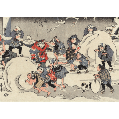 Christmas card front - children rolling two giant snowballs and playing. From the Japanese art collection of The Fitzwilliam Museum. Brought to you by CuratingCambridge.com