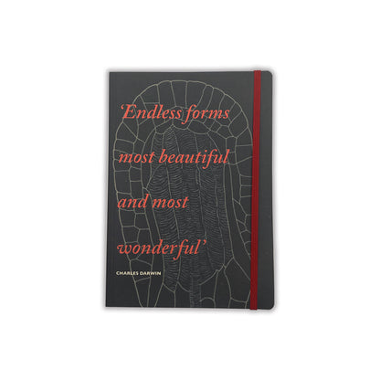 A5 journal, front cover. Dark green with quote in coral italic writing: 'Endless forms most beautiful and most wonderful.' Red elastic closure strap. 